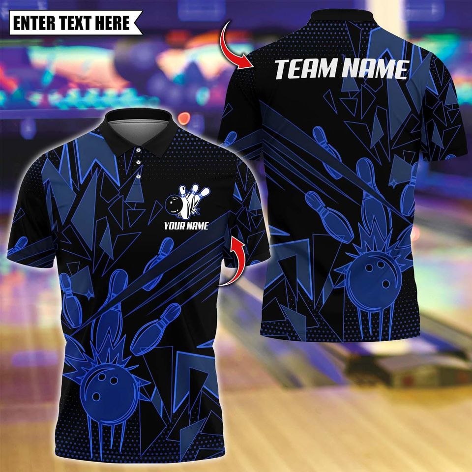 Custom Bowling Team Polo Shirt with Multicolor Bowling Pins Design, Personalized Name and 3D Logo for Men