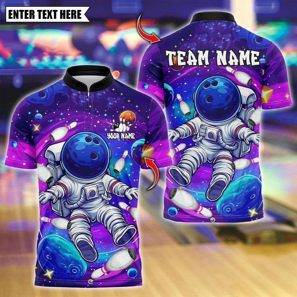 Custom Bowling Polo Shirt, Vibrant Astronaut Space Design, Personalized Bowling Polo for Men Women, Personalized Name Team 3D Shirt