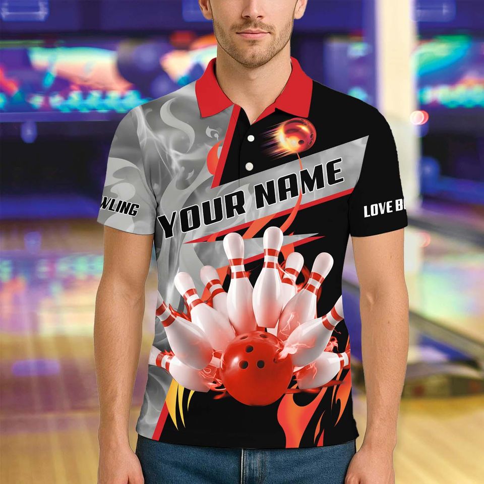 Custom Bowling Team Polo Shirt, Smoking Bowling Design, Personalized Bowling Jersey for Men,Personalized Name Team 3D Shirt