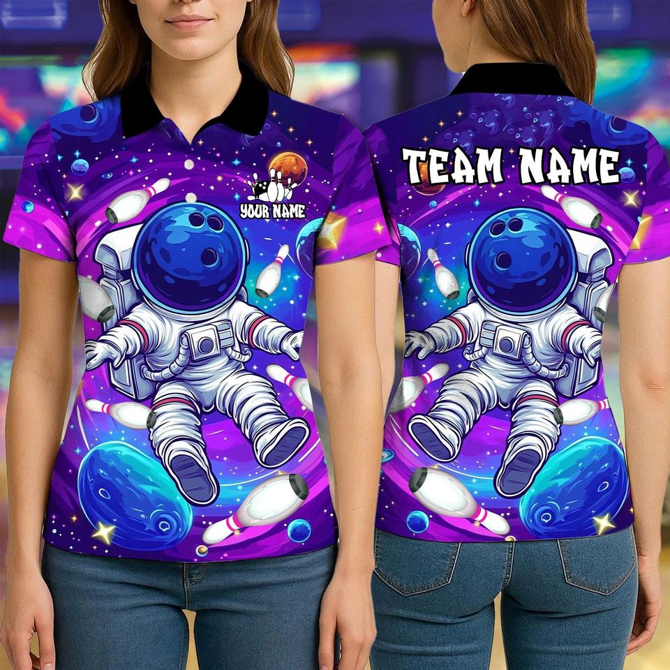 Custom Bowling Polo Shirt, Vibrant Astronaut Space Design, Personalized Bowling Polo for Men Women, Personalized Name Team 3D Shirt