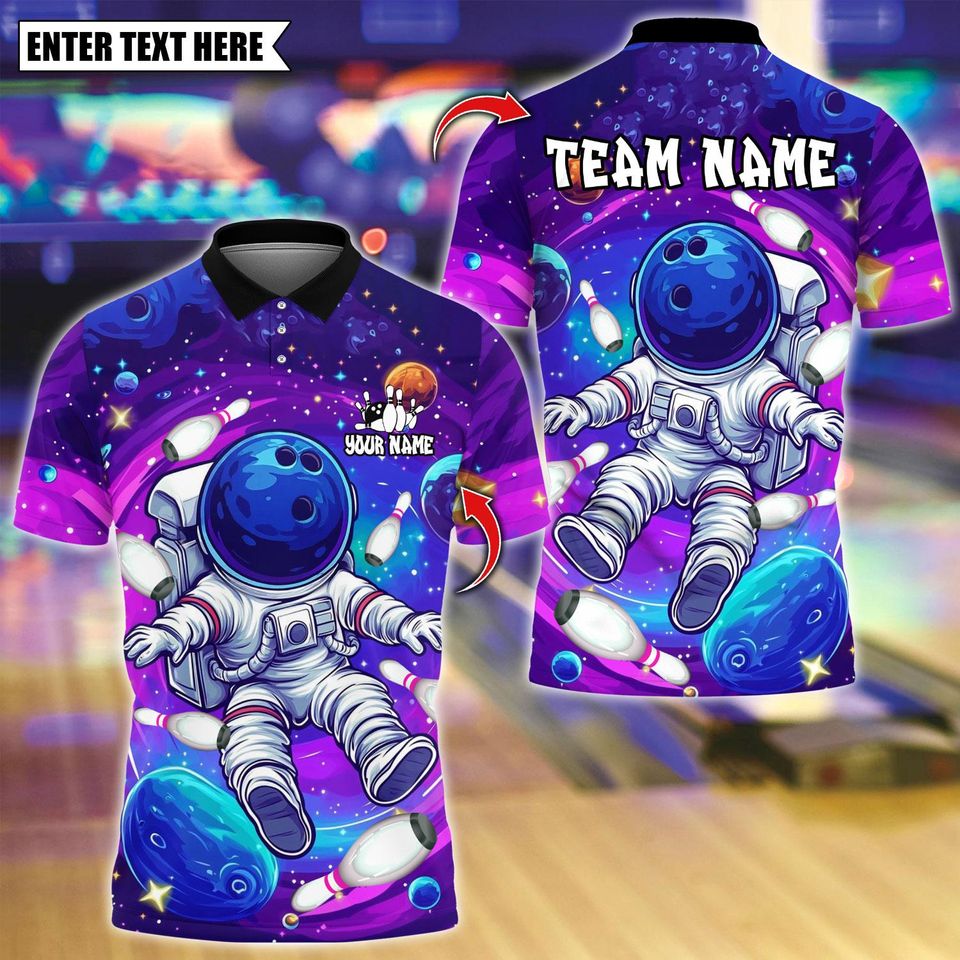Custom Bowling Polo Shirt, Vibrant Astronaut Space Design, Personalized Bowling Polo for Men Women, Personalized Name Team 3D Shirt