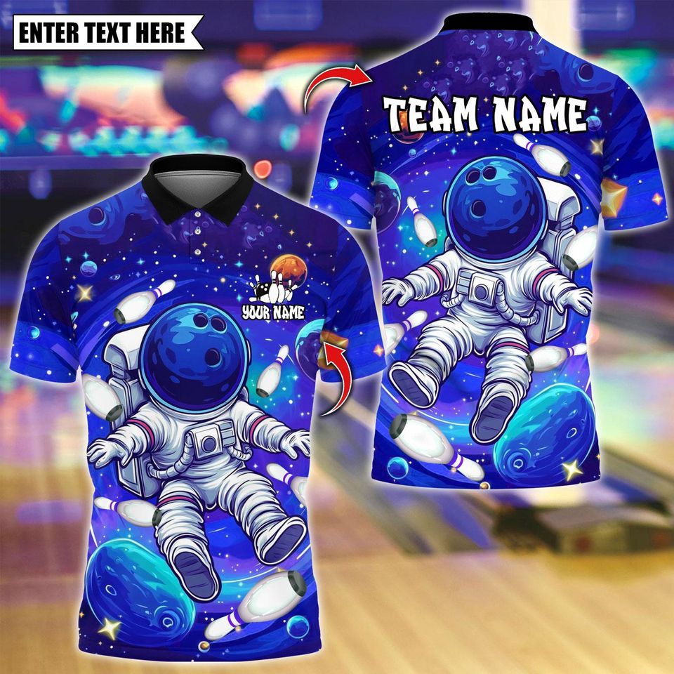 Custom Bowling Polo Shirt, Vibrant Astronaut Space Design, Personalized Bowling Polo for Men Women, Personalized Name Team 3D Shirt