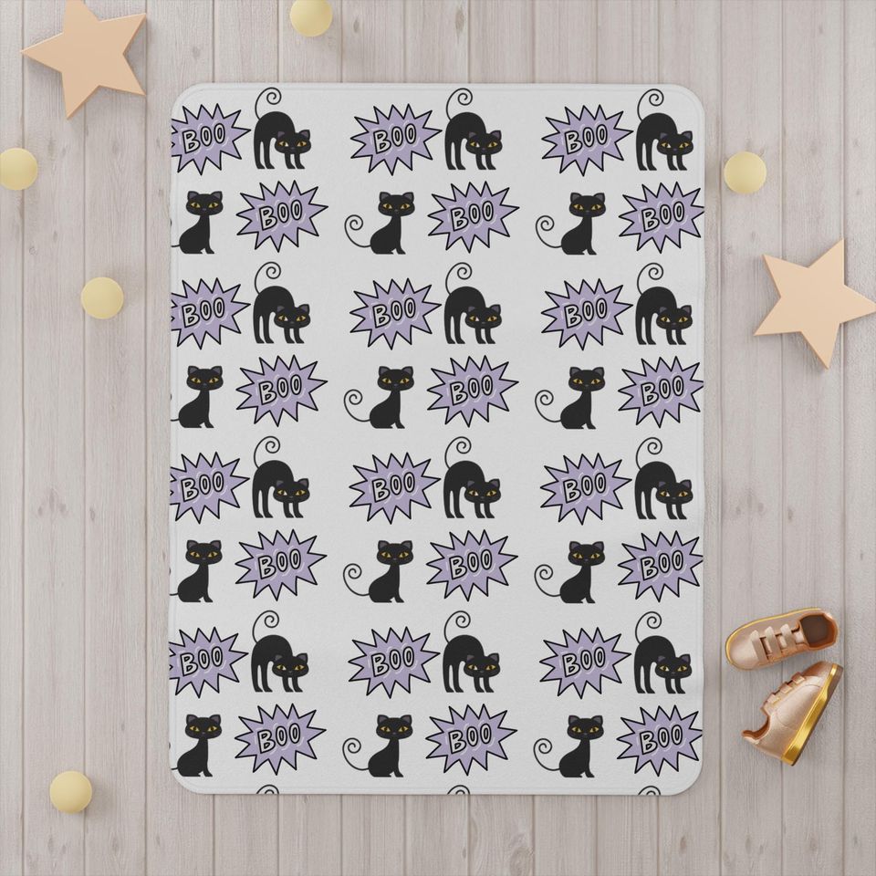 Black Cat Halloween Blanket: Cosy Minky Fleece, 'Boo' Design