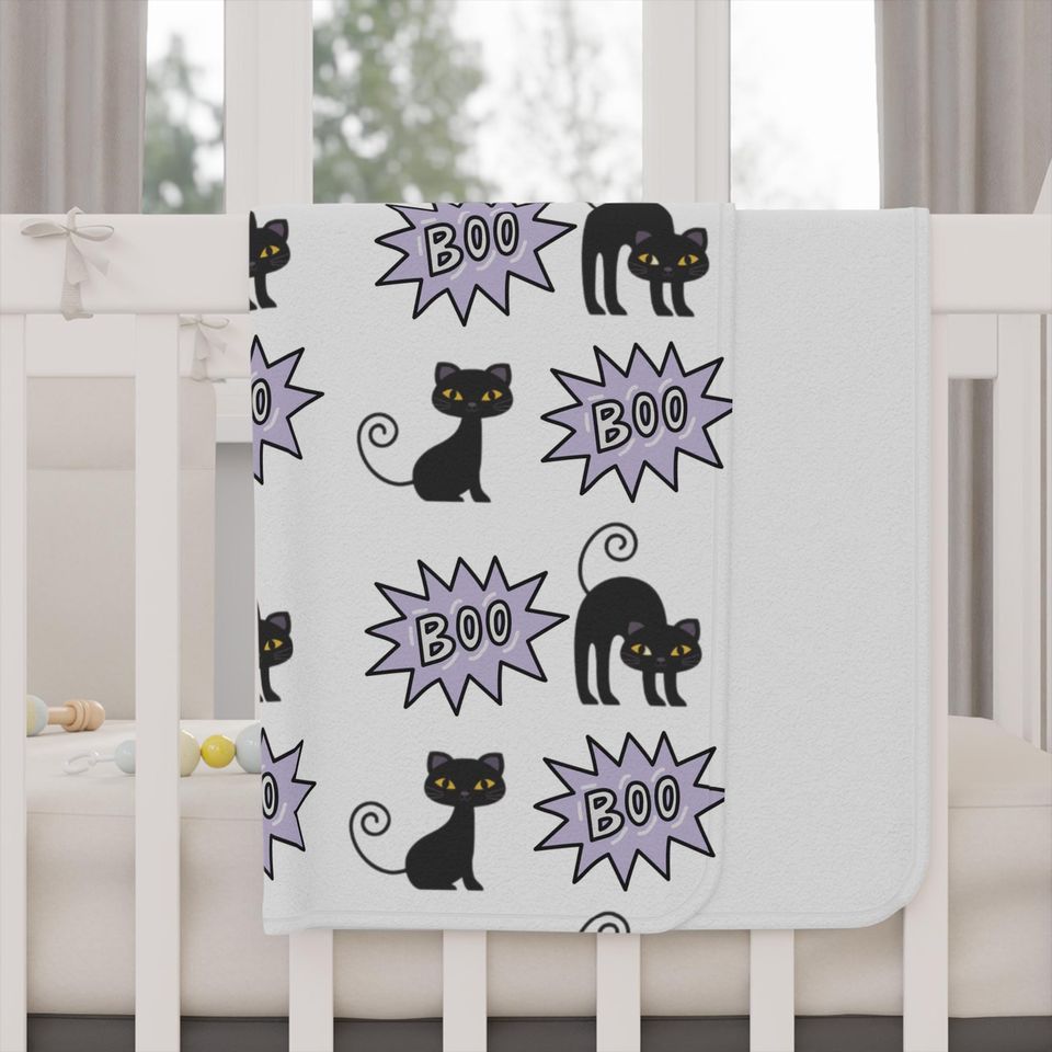 Black Cat Halloween Blanket: Cosy Minky Fleece, 'Boo' Design
