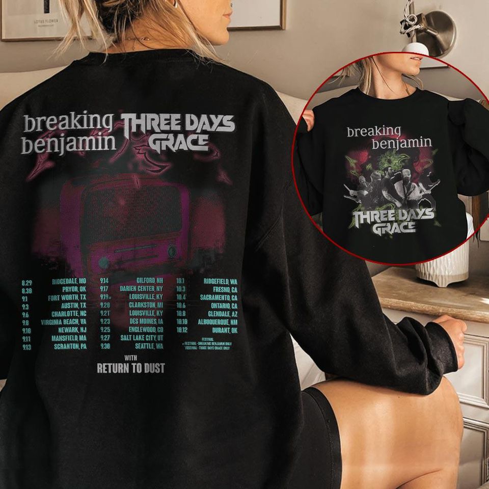2 Sides Breaking Benjamin Three Days Grace Shirt, Tour Dates Tee with Return to Dust, Sport Grey Concert TShirt