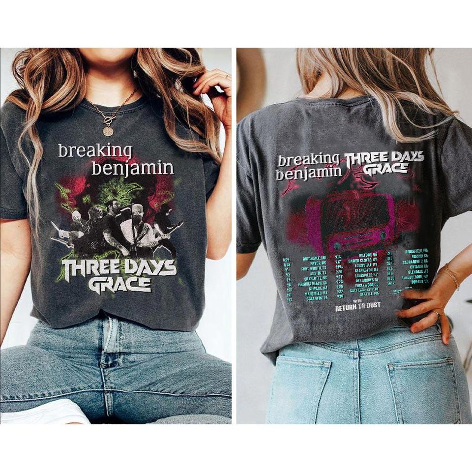 2 Sides Breaking Benjamin Three Days Grace Shirt, Tour Dates Tee with Return to Dust, Sport Grey Concert TShirt