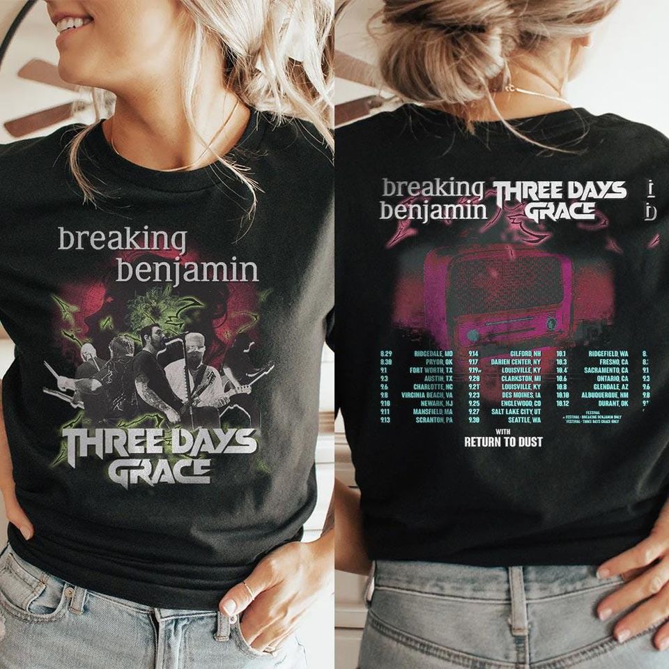 2 Sides Breaking Benjamin Three Days Grace Shirt, Tour Dates Tee with Return to Dust, Sport Grey Concert TShirt