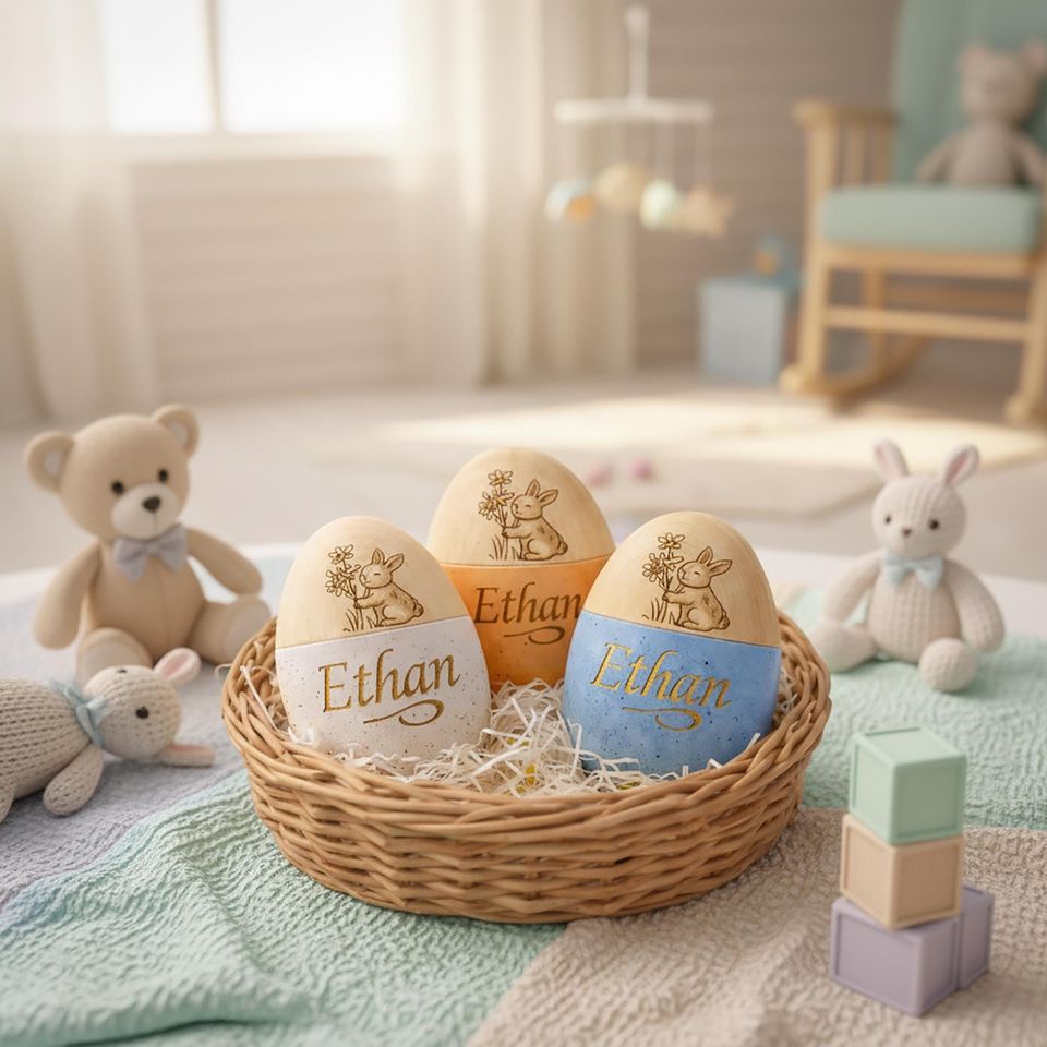 Personalized Wooden Easter Egg, Custom Name Engraved Hollow Keepsake, First Easter Gift
