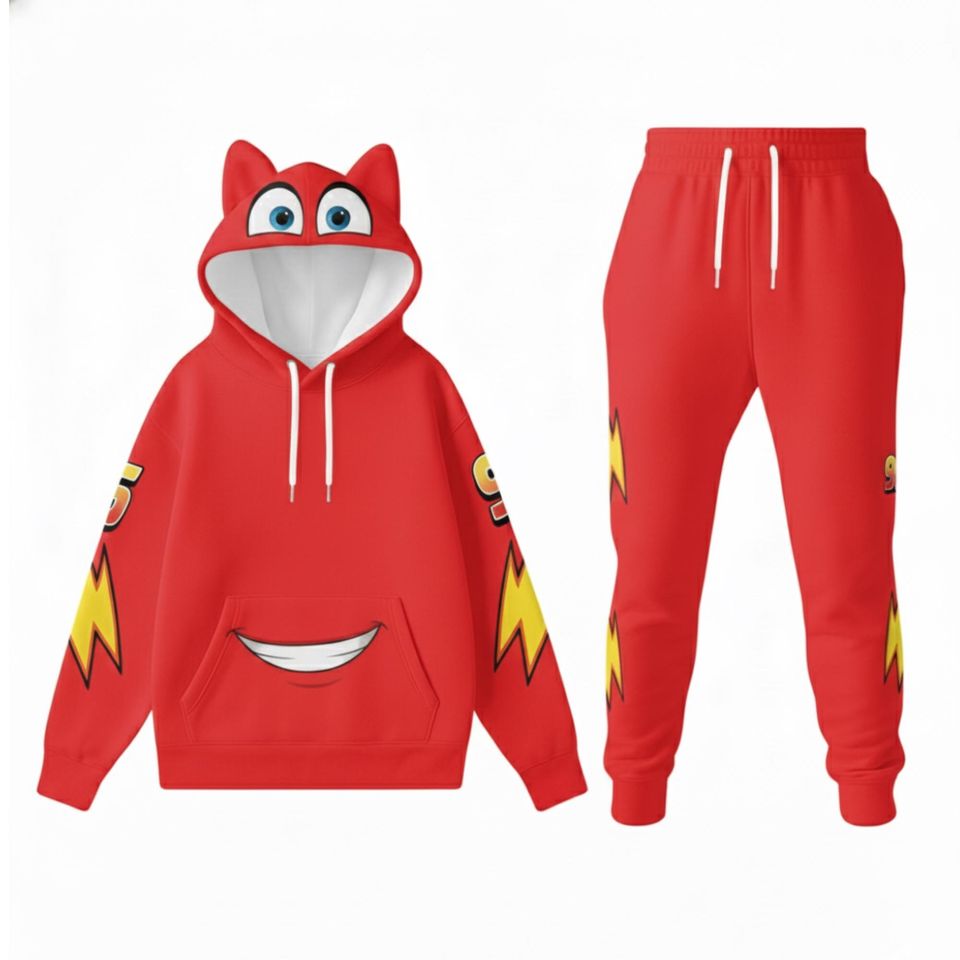 Red Racer Car Costume Hoodie Jogger Set, Lightning Bolt 3D Printed Outfit, Sporty Cosplay Tracksuit, Fun Streetwear Gift for Fans
