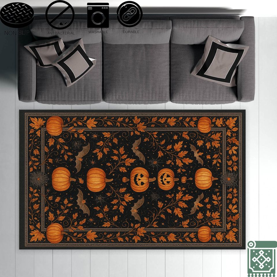Halloween Pumpkin Rug | Black and Orange Scary Decor | Living Room Halloween Pattern Rug