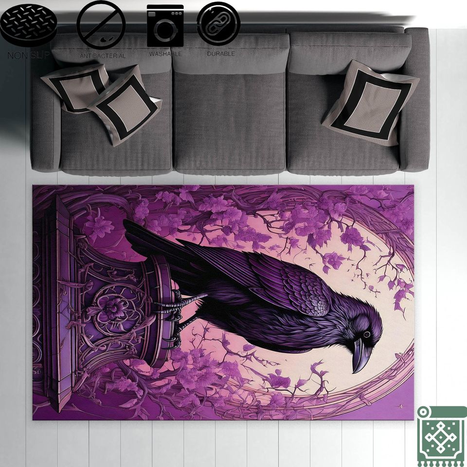 Gothic Raven Rug, Dark Academia, Purple and Black Victorian Gothic Carpet, Crow Witchcore Decor, Halloween Gift Rug