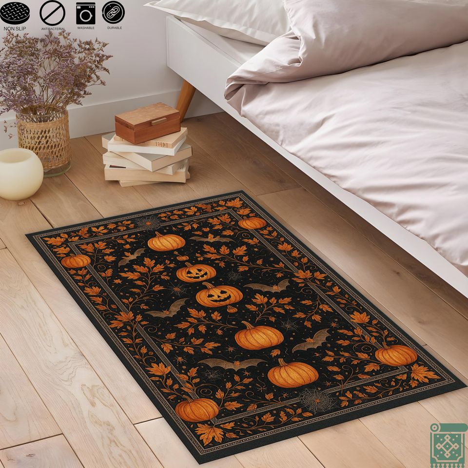 Halloween Pumpkin Rug | Black and Orange Scary Decor | Living Room Halloween Pattern Rug