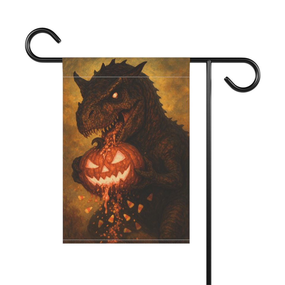 T-Rex Halloween Garden Flag: Spooky Dinosaur Pumpkin Decor