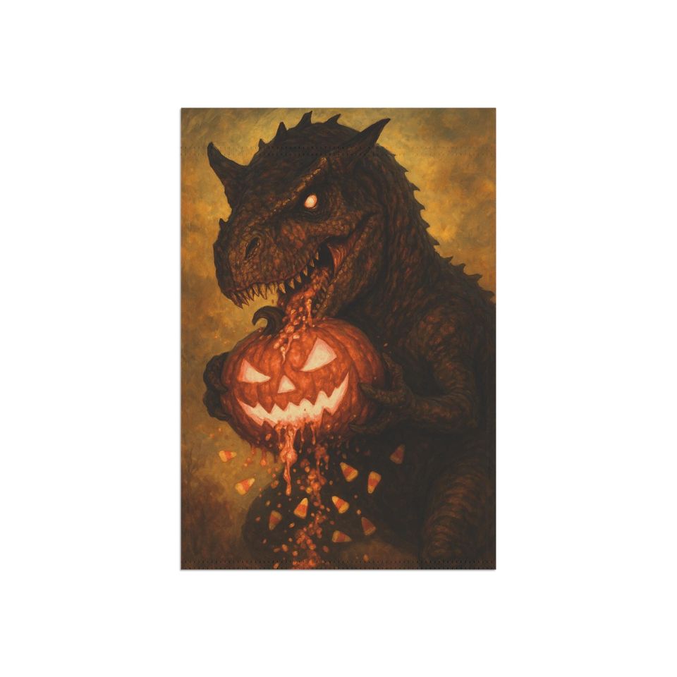 T-Rex Halloween Garden Flag: Spooky Dinosaur Pumpkin Decor