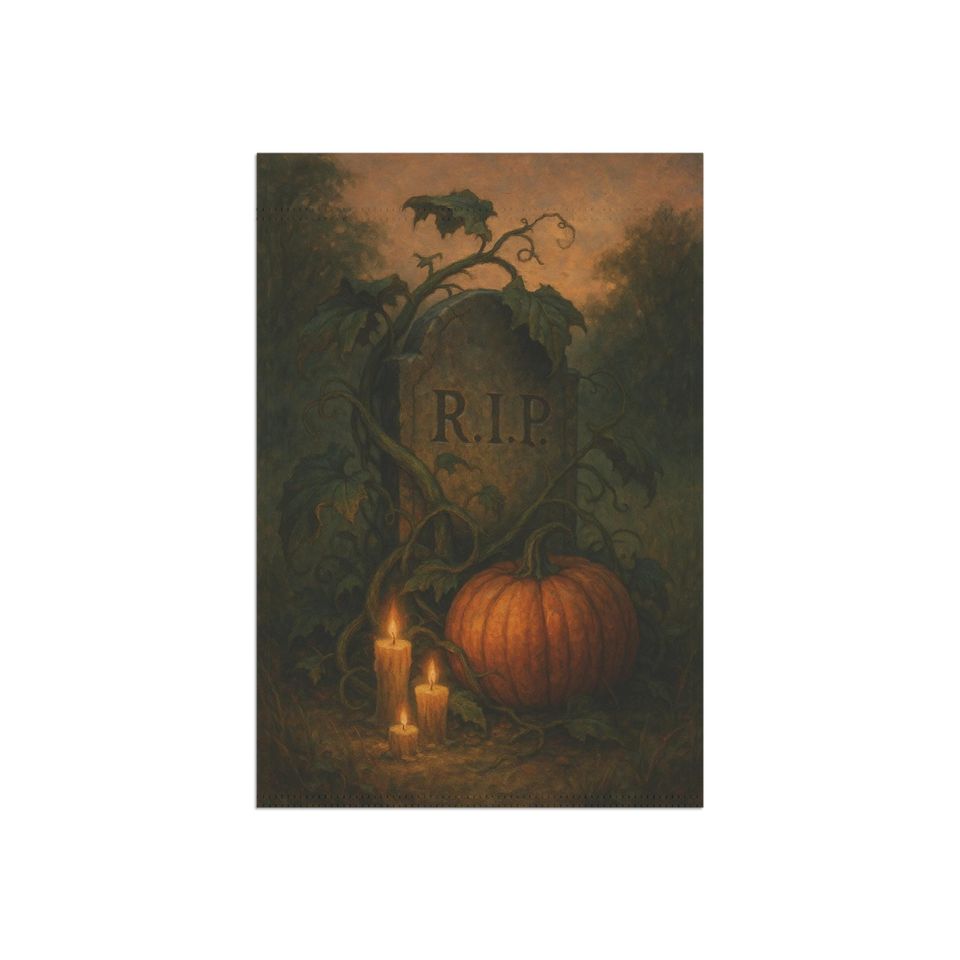 Gothic Halloween Garden Flag: Tombstone, Pumpkin, Graveyard Decor