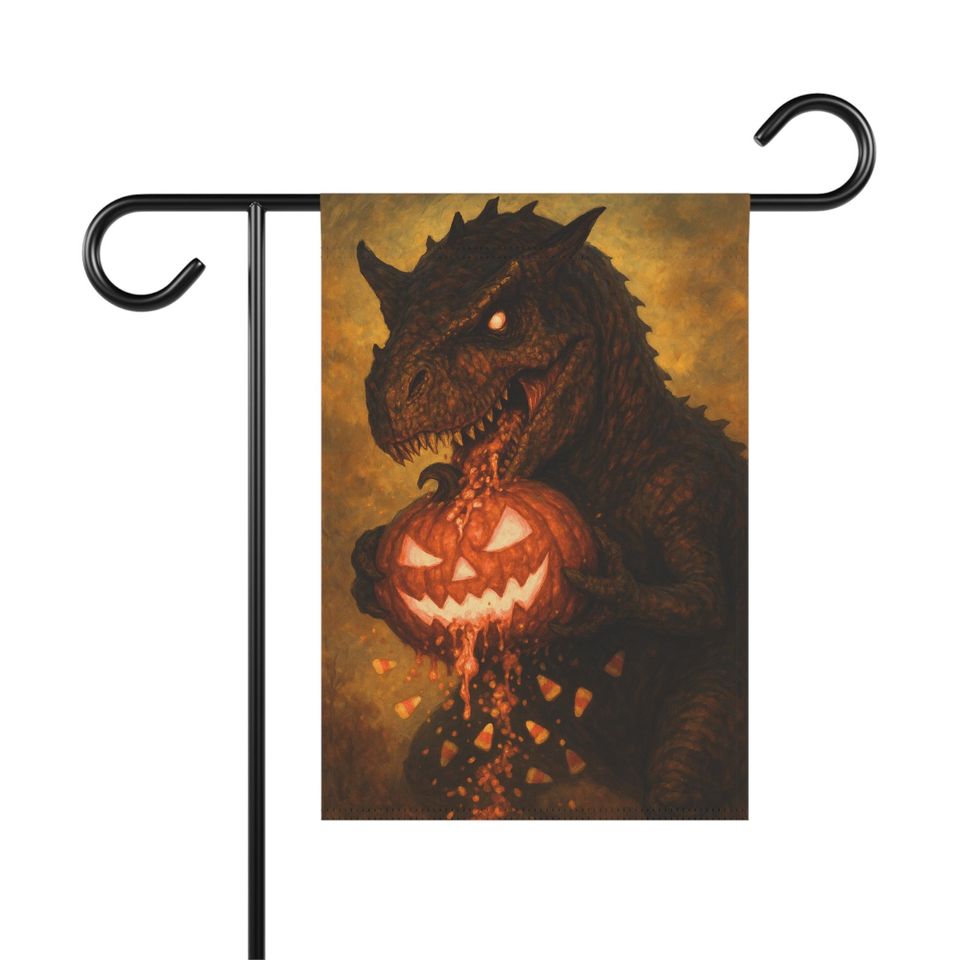 T-Rex Halloween Garden Flag: Spooky Dinosaur Pumpkin Decor