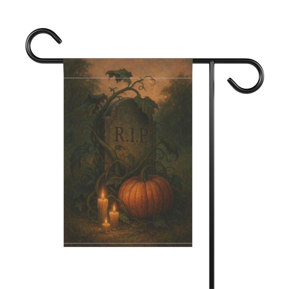 Gothic Halloween Garden Flag: Tombstone, Pumpkin, Graveyard Decor