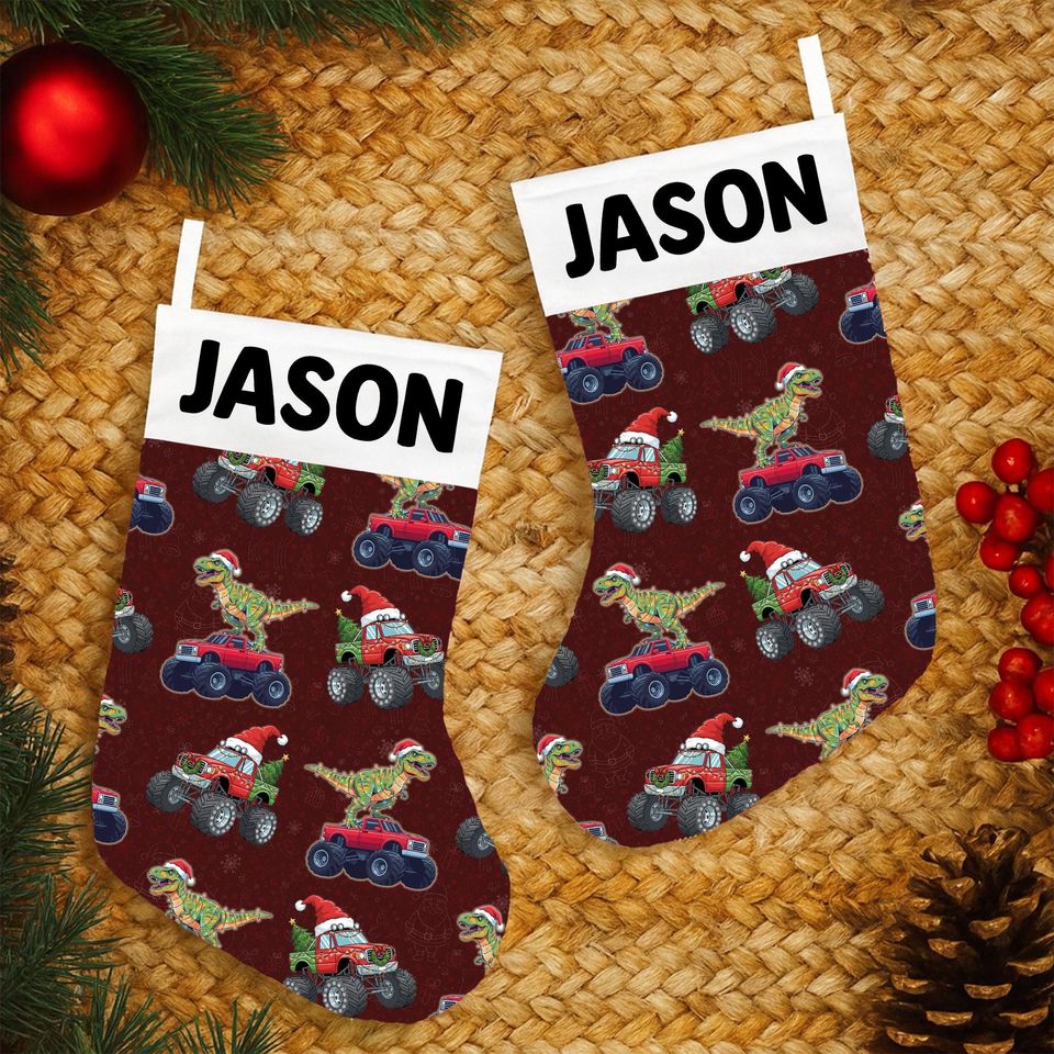 Personalized Christmas Stocking  Dinosaur Monster Truck Custom Holiday Decor with Name