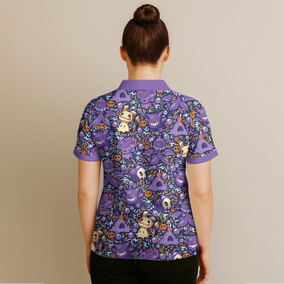 Gengar and Mimikyu Polo Shirt, Spooky Kawaii Ghost Pattern Tee