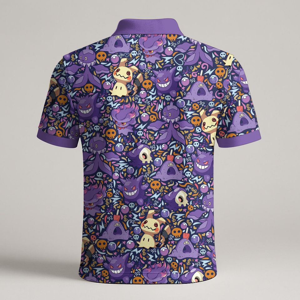 Gengar and Mimikyu Polo Shirt, Spooky Kawaii Ghost Pattern Tee