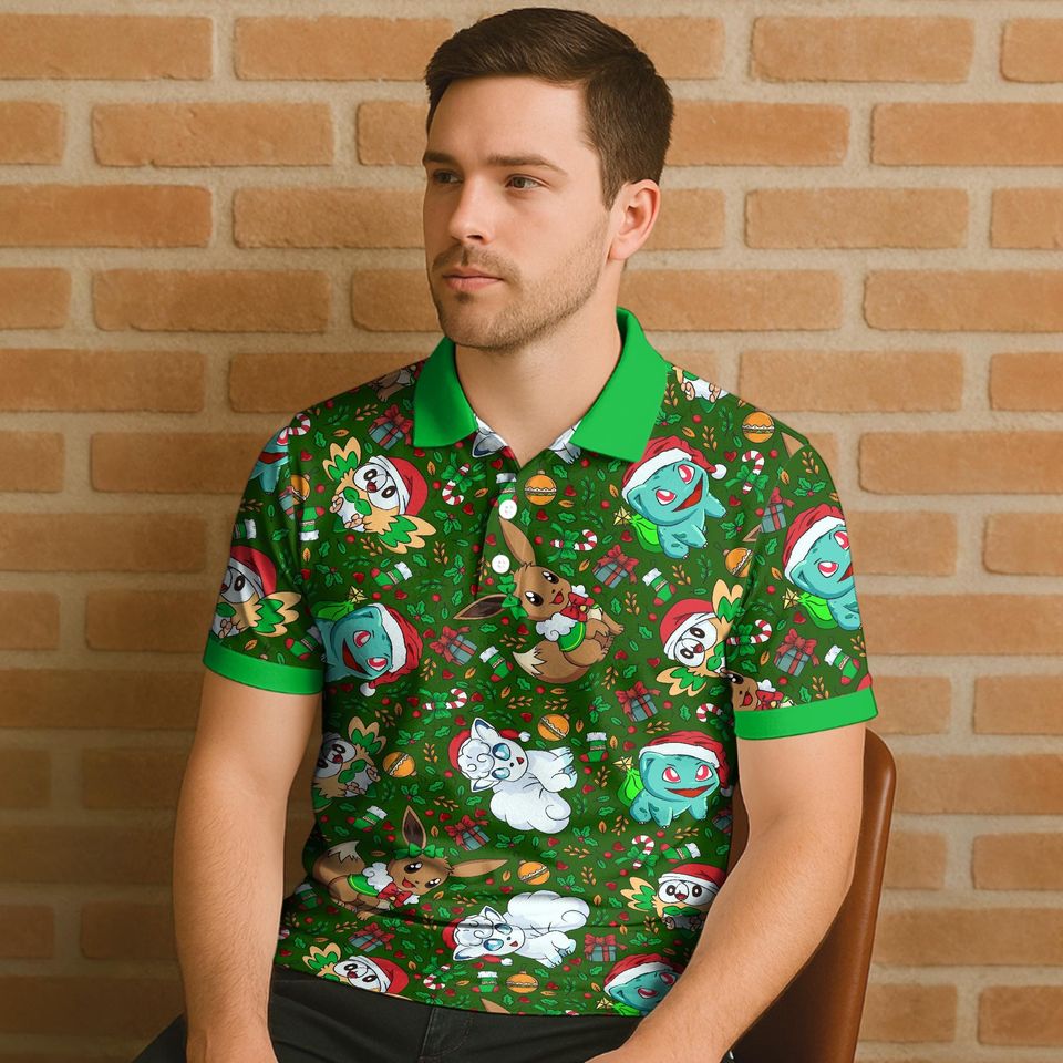 Vulpix Bulbasaur Polo Shirt, Unisex Green Holiday Polo with Cute Character Pattern, Kawaii Summer Polo Top, Funny Shirt Gift