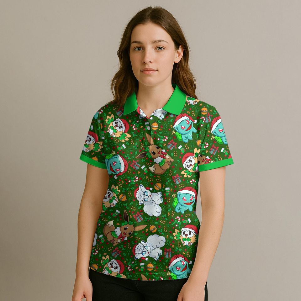 Vulpix Bulbasaur Polo Shirt, Unisex Green Holiday Polo with Cute Character Pattern, Kawaii Summer Polo Top, Funny Shirt Gift