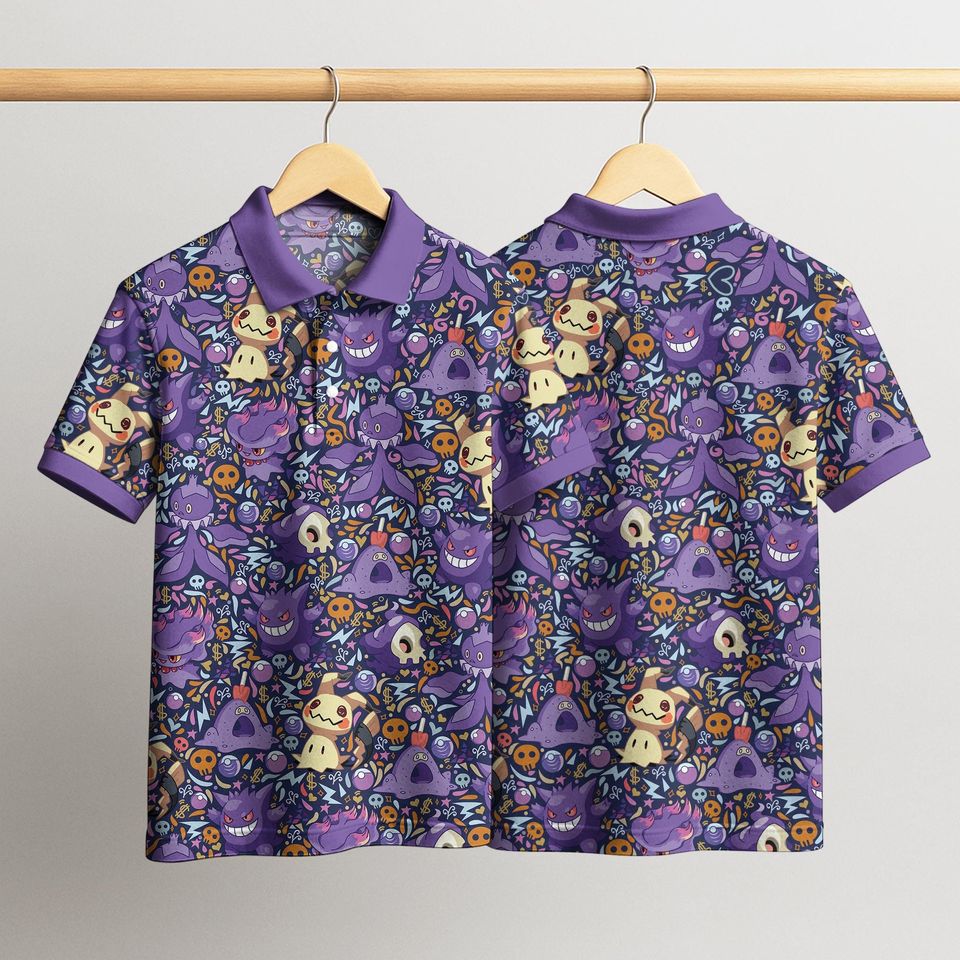 Gengar and Mimikyu Polo Shirt, Spooky Kawaii Ghost Pattern Tee