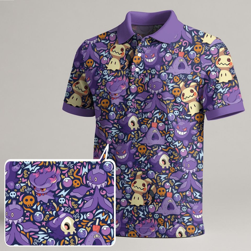 Gengar and Mimikyu Polo Shirt, Spooky Kawaii Ghost Pattern Tee