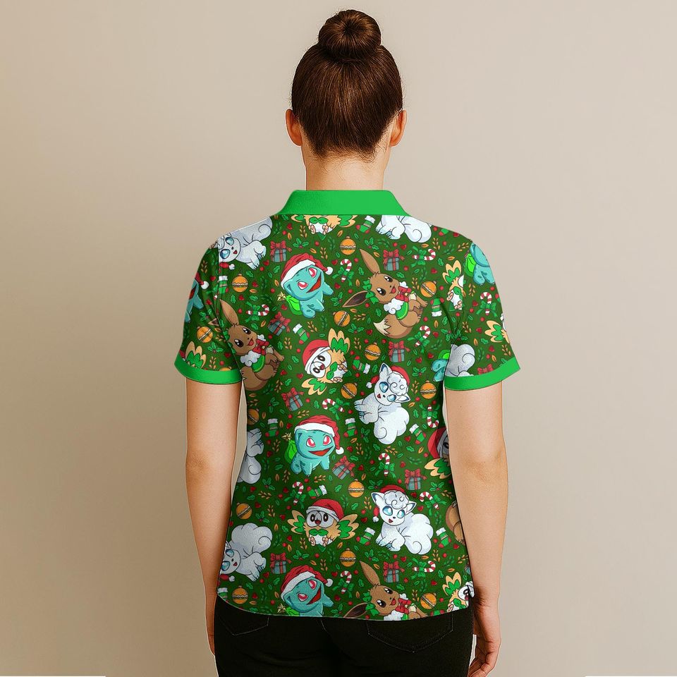 Vulpix Bulbasaur Polo Shirt, Unisex Green Holiday Polo with Cute Character Pattern, Kawaii Summer Polo Top, Funny Shirt Gift