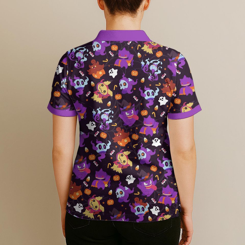 Gengar Mimikyu Polo Shirt, Unisex Halloween Ghost Pattern Polo