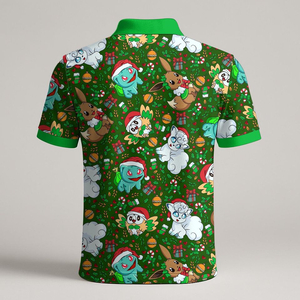 Vulpix Bulbasaur Polo Shirt, Unisex Green Holiday Polo with Cute Character Pattern, Kawaii Summer Polo Top, Funny Shirt Gift