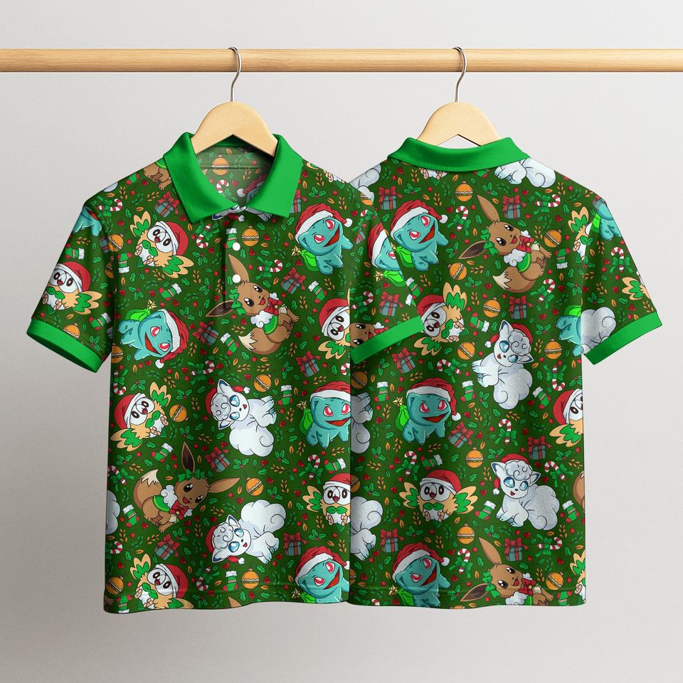Vulpix Bulbasaur Polo Shirt, Unisex Green Holiday Polo with Cute Character Pattern, Kawaii Summer Polo Top, Funny Shirt Gift