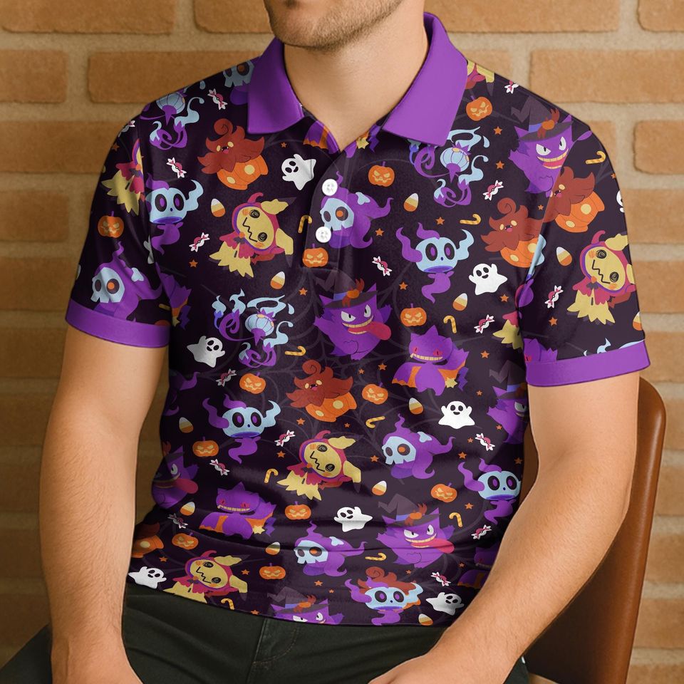 Gengar Mimikyu Polo Shirt, Unisex Halloween Ghost Pattern Polo