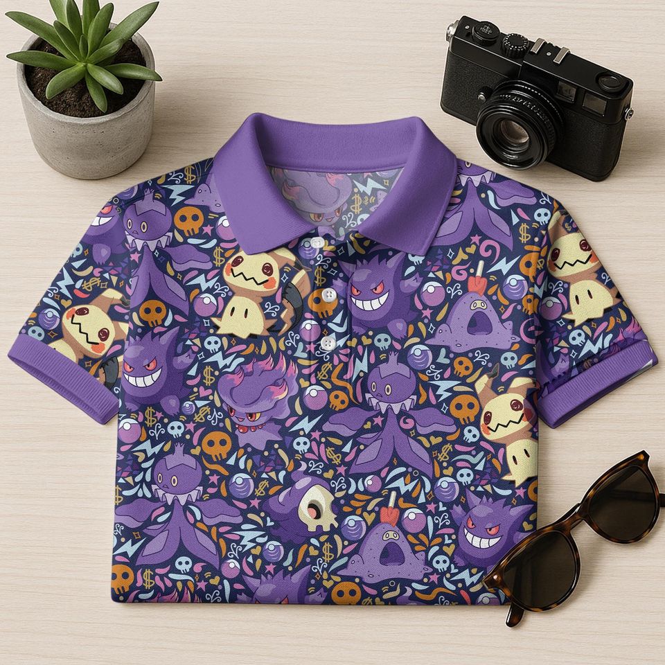 Gengar and Mimikyu Polo Shirt, Spooky Kawaii Ghost Pattern Tee