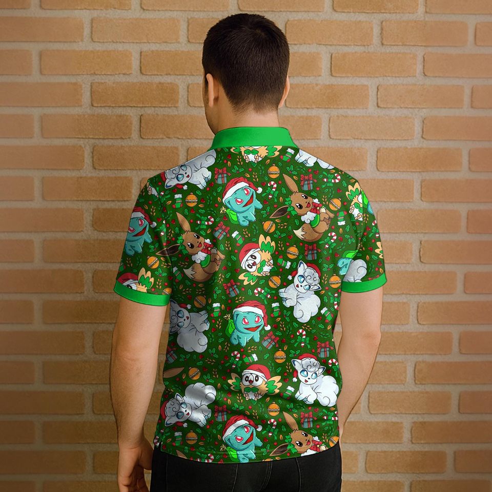 Vulpix Bulbasaur Polo Shirt, Unisex Green Holiday Polo with Cute Character Pattern, Kawaii Summer Polo Top, Funny Shirt Gift