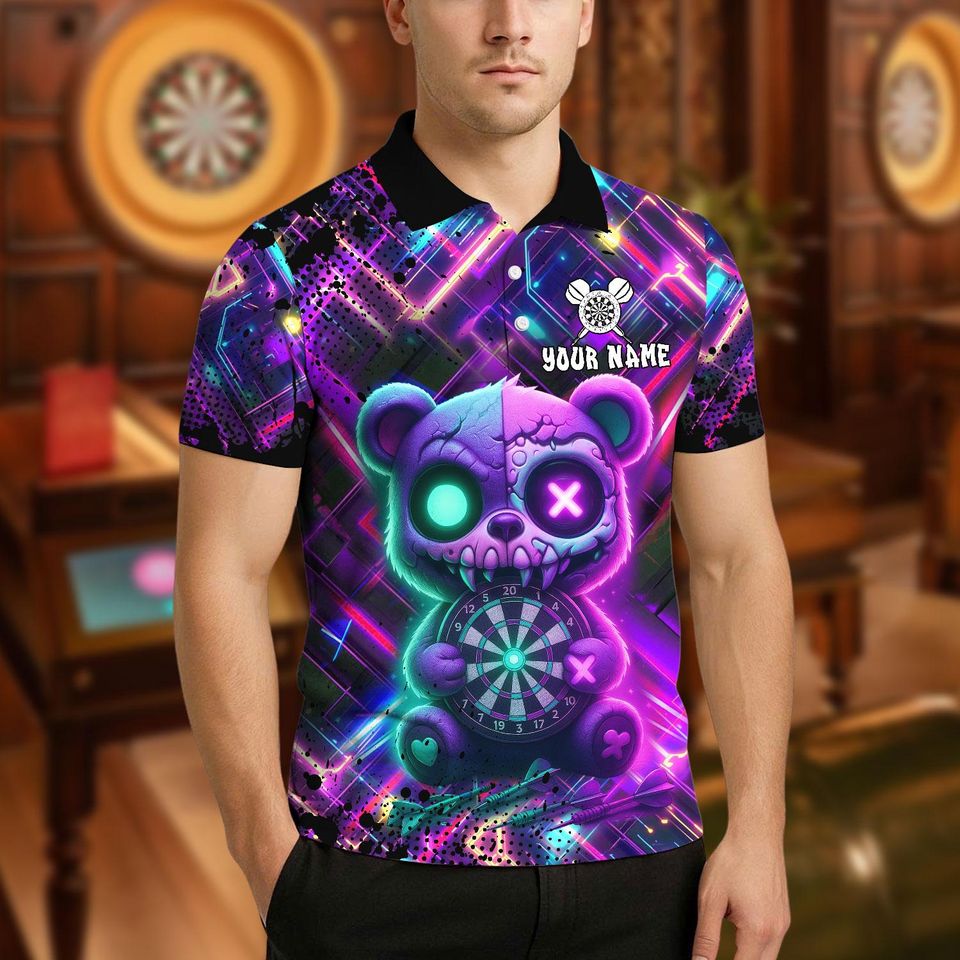 Personalized Name Dart Polo Shirt, Scary Teddy Bear Dartboard Design, Custom Team Shirt for Men, Gift for Darts Players