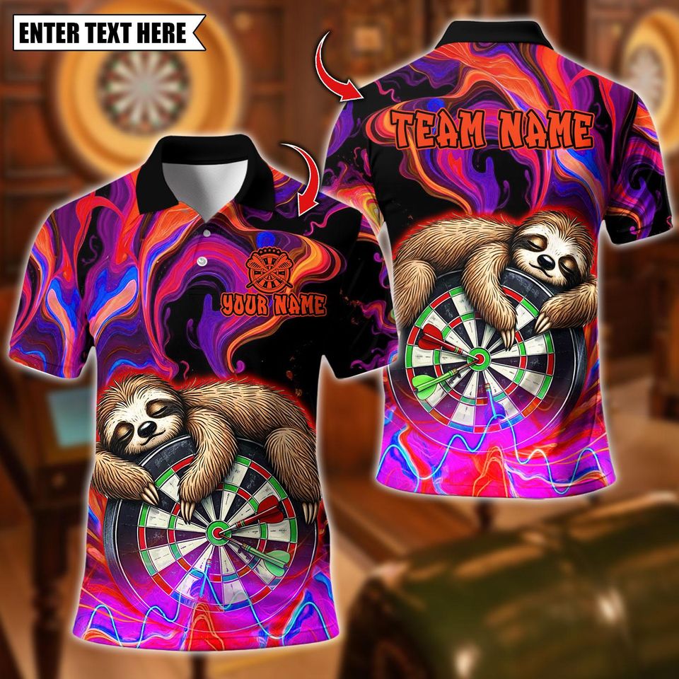 Custom Name Dart Polo Shirt, Sleeping Sloth On Dartboard Design, Personalized Team Shirt for Men, Gift for Darts Players