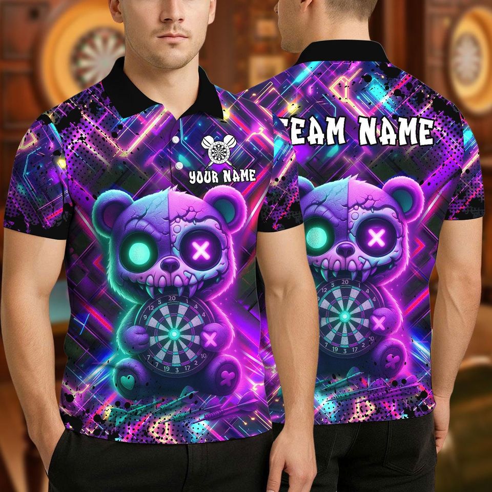Personalized Name Dart Polo Shirt, Scary Teddy Bear Dartboard Design, Custom Team Shirt for Men, Gift for Darts Players