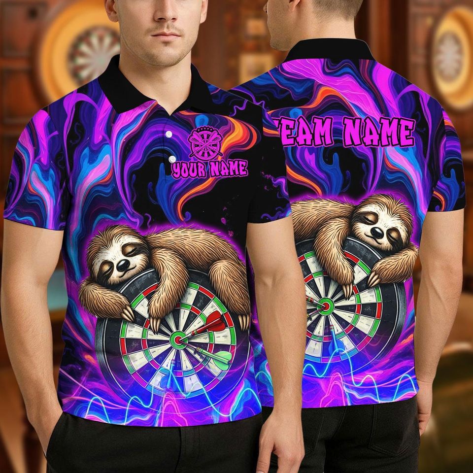 Custom Name Dart Polo Shirt, Sleeping Sloth On Dartboard Design, Personalized Team Shirt for Men, Gift for Darts Players