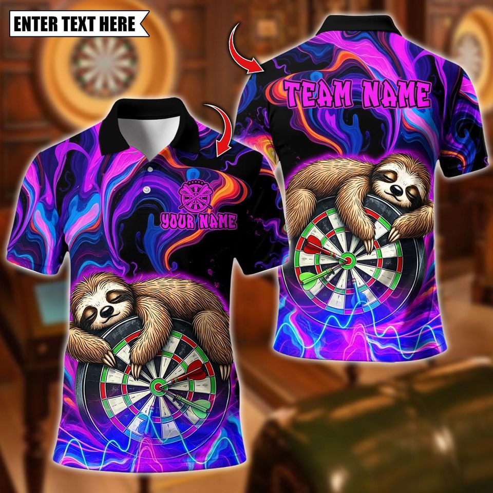 Custom Name Dart Polo Shirt, Sleeping Sloth On Dartboard Design, Personalized Team Shirt for Men, Gift for Darts Players
