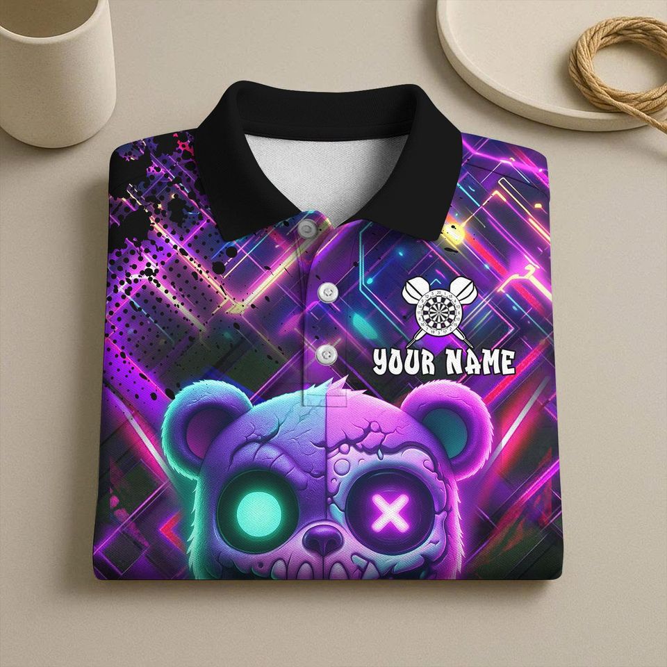 Personalized Name Dart Polo Shirt, Scary Teddy Bear Dartboard Design, Custom Team Shirt for Men, Gift for Darts Players