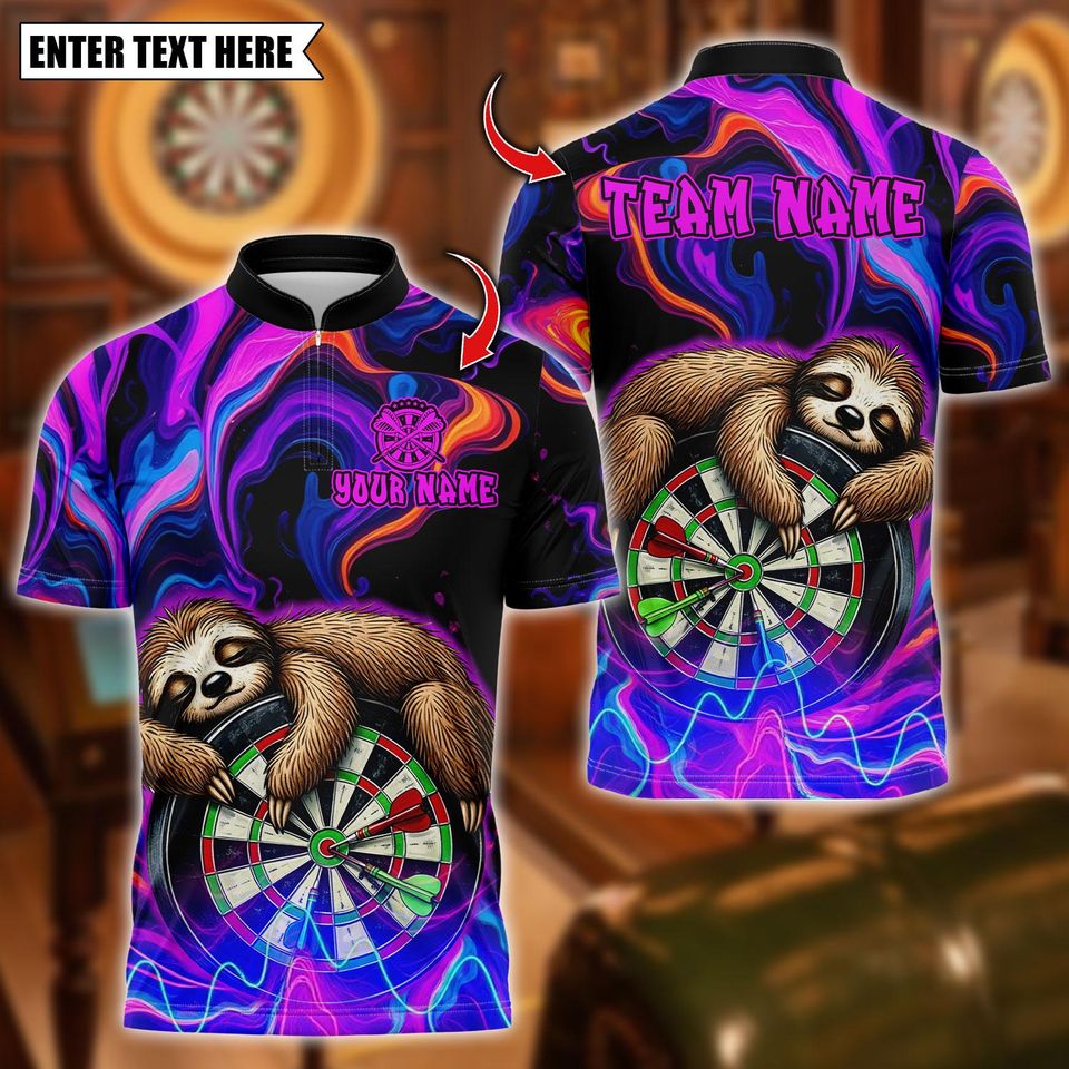 Custom Name Dart Polo Shirt, Sleeping Sloth On Dartboard Design, Personalized Team Shirt for Men, Gift for Darts Players