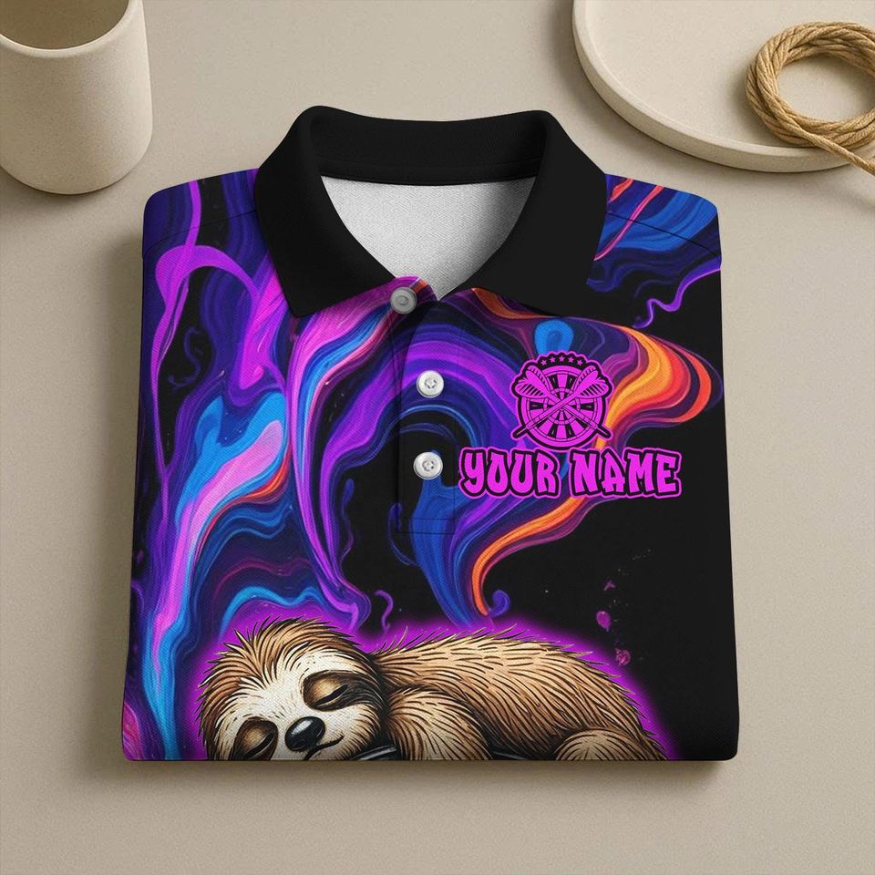 Custom Name Dart Polo Shirt, Sleeping Sloth On Dartboard Design, Personalized Team Shirt for Men, Gift for Darts Players