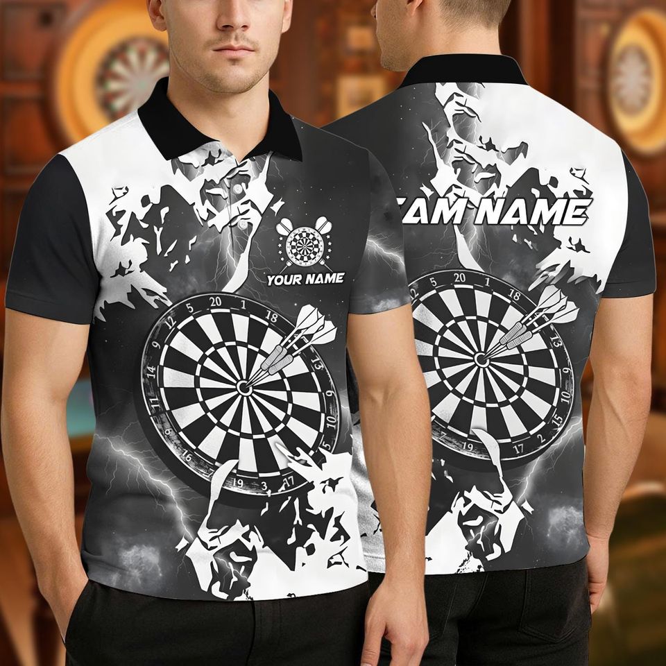 Personalized Name Dart Polo Shirt, Lightning Grunge Dartboard Design ,Custom Team Shirt for Men Women, Gift for Darts Players
