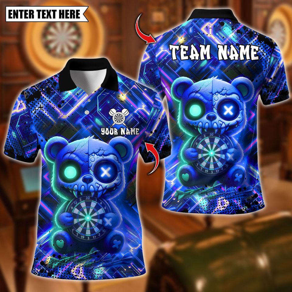 Personalized Name Dart Polo Shirt, Scary Teddy Bear Dartboard Design, Custom Team Shirt for Men, Gift for Darts Players