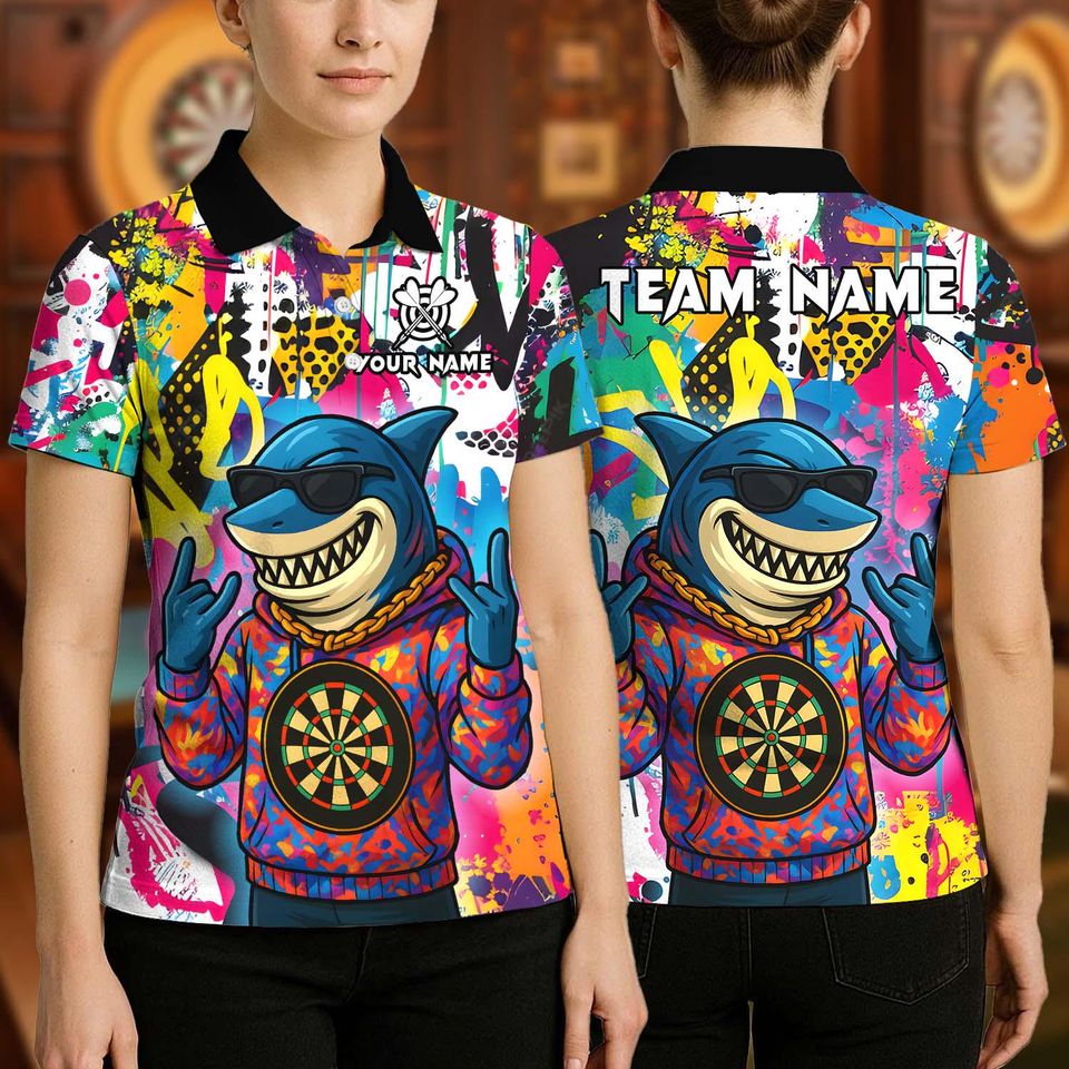 Personalized Name Dart Polo Shirt, HipHop Shark With Dartboard Design ,Custom Team Shirt for Men, Gift for Darts Players