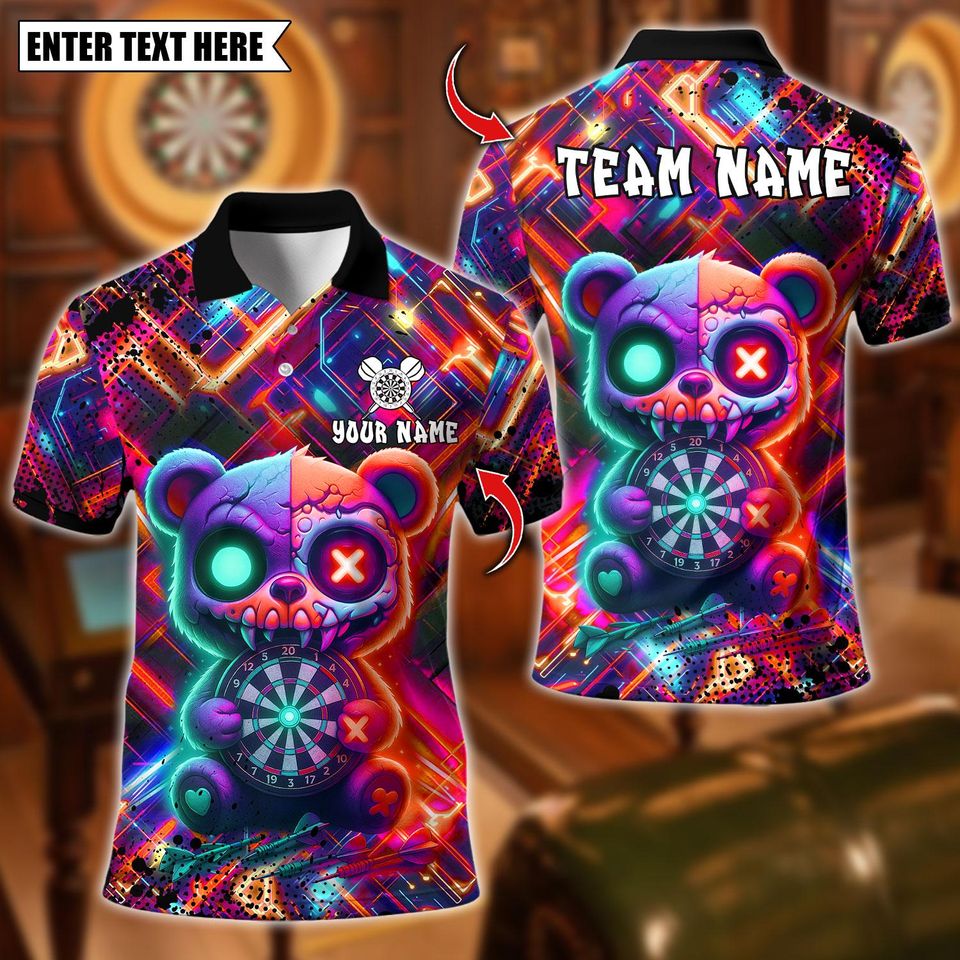 Personalized Name Dart Polo Shirt, Scary Teddy Bear Dartboard Design, Custom Team Shirt for Men, Gift for Darts Players