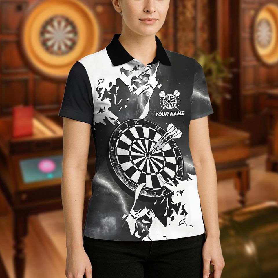 Personalized Name Dart Polo Shirt, Lightning Grunge Dartboard Design ,Custom Team Shirt for Men Women, Gift for Darts Players