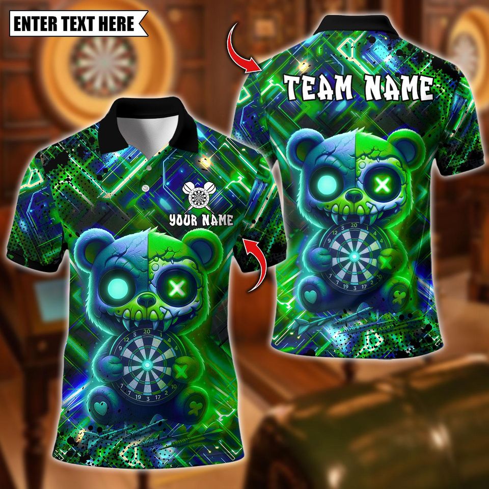 Personalized Name Dart Polo Shirt, Scary Teddy Bear Dartboard Design, Custom Team Shirt for Men, Gift for Darts Players