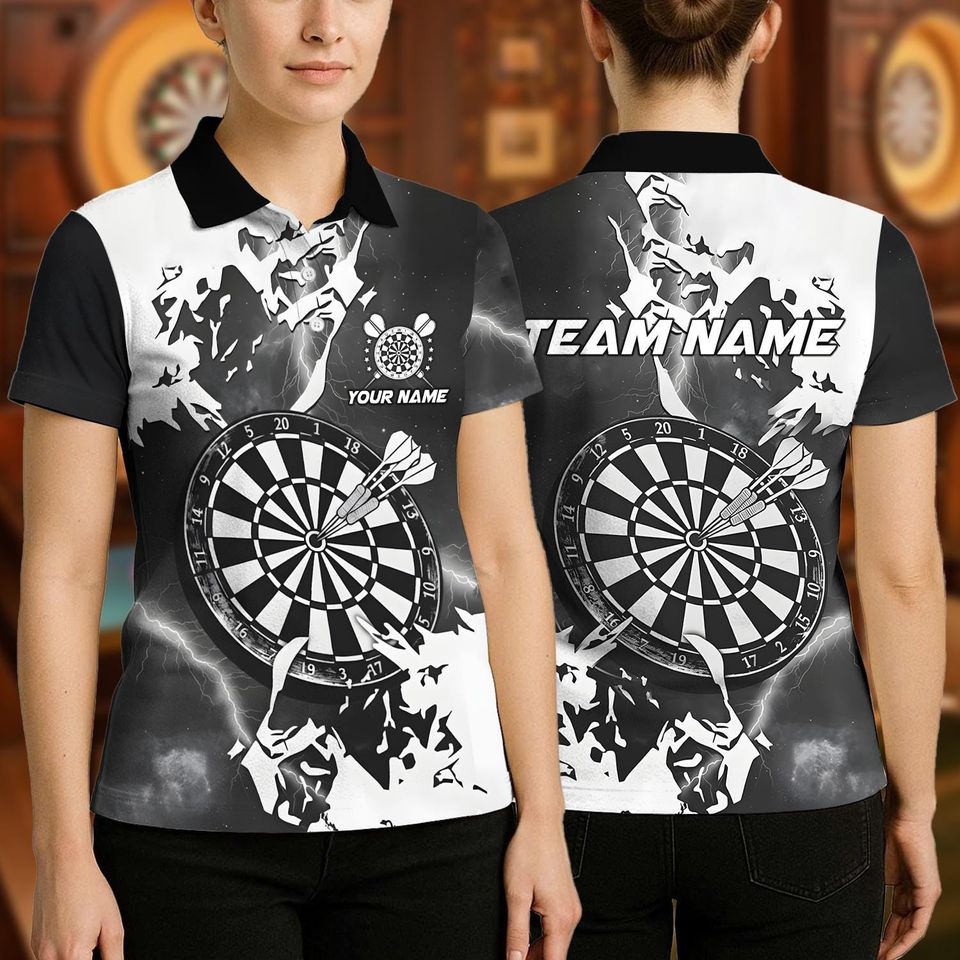 Personalized Name Dart Polo Shirt, Lightning Grunge Dartboard Design ,Custom Team Shirt for Men Women, Gift for Darts Players